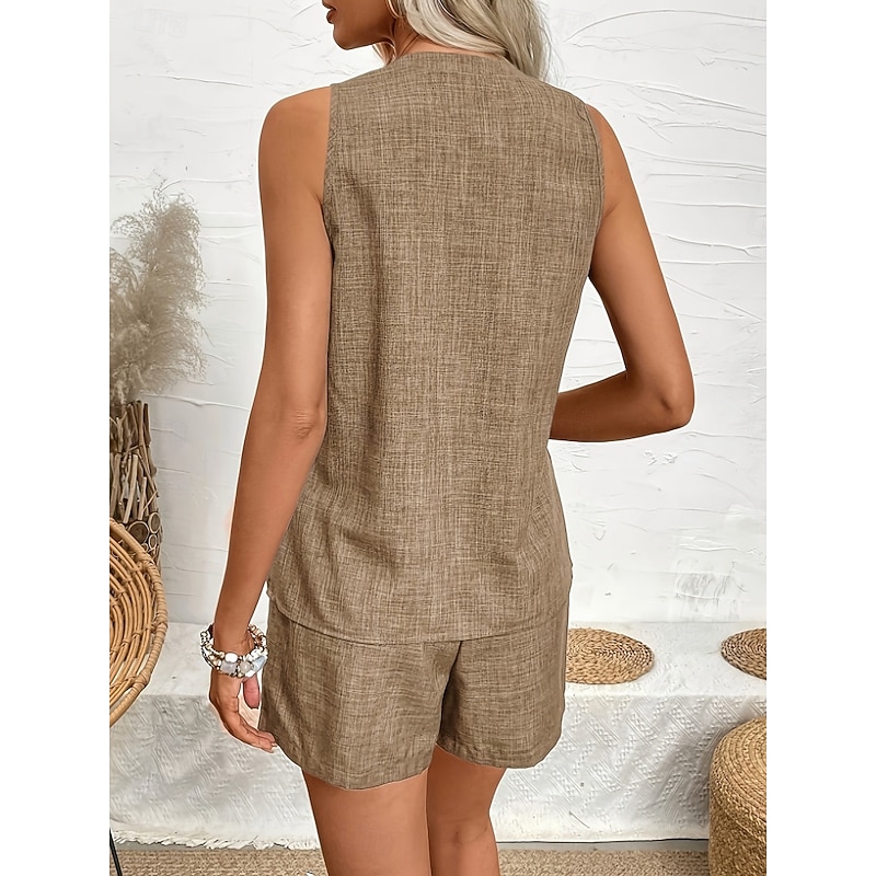 Women's Fashion Daily Basic Shorts Sets Sleeveless V Neck Solid Color Casual Daily Khaki Summer Regular Fit2