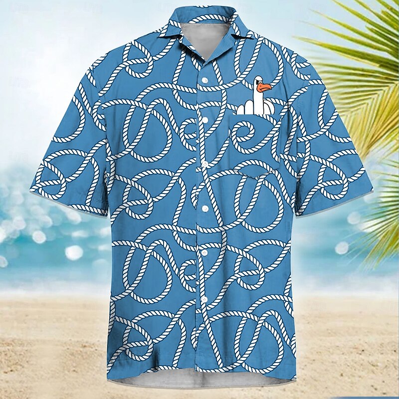 Men's Geometric Funny Duck Cuban Collar Shirt Summer Hawaiian Shirt Aloha Shirt Short Sleeve Hawaiian Vacation Holiday Beach Wear Summer Spring Camp Collar Shirt 3D Print Front One Pocket Blue