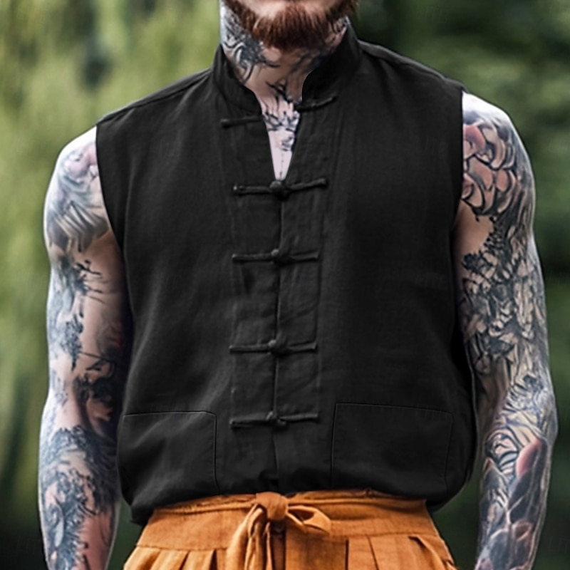 Men's Shirt Linen Shirt Summer Shirt Beach Shirt Solid Color Vacation Street Black Red Navy Blue Khaki Sleeveless Mandarin Collar Summer Spring & Summer Clothing Apparel Buttons2