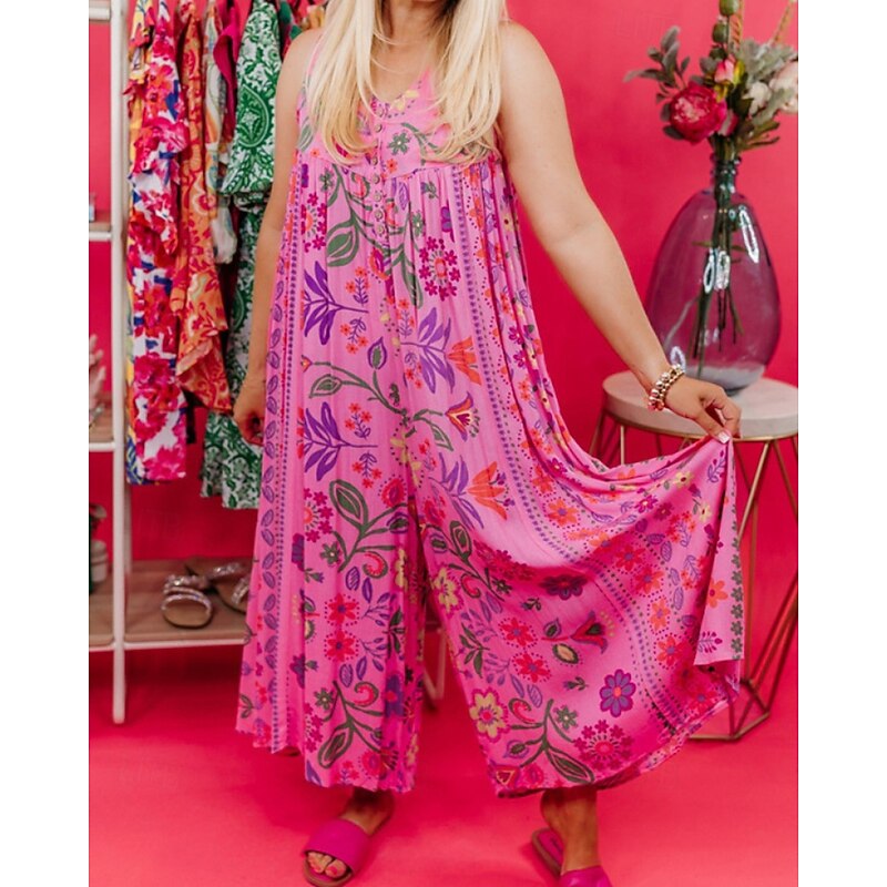 Women's Normal Jumpsuit Streetwear Floral Sleeveless V Neck Pocket Print Daily Holiday Regular Fit Pink Blue Purple Summer3