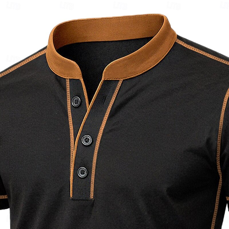Men's Henley Shirt Tee Top Short Sleeves Patchwork Fashion Designer Basic Double Twine Contrast Stitching Color Matching Decorative Lines Henley Vacation Street Casual Summer All Seasons Black Blue3