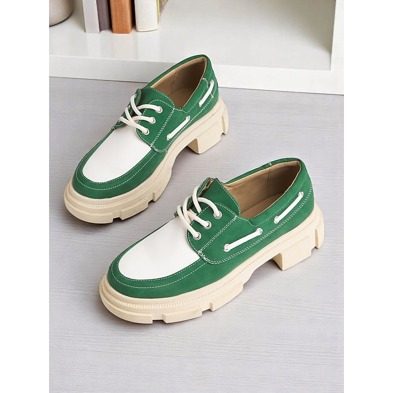 Women's Oxford Style Platform Shoes - Trendy Green and White Color Block with Chunky Sole, Ideal for Commuter Wear and Casual Office Days2