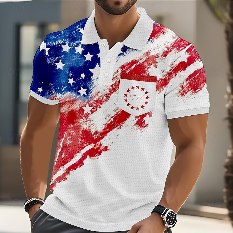 American Independence Day Men's American US Flag Polo Short Sleeve Polo Shirts Collared Shirts Casual Outdoor Athleisure Daily Wear Pocket 3D Print Summer Light Blue-White