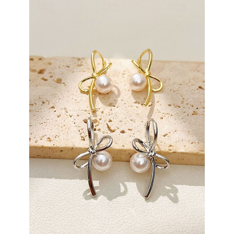 Women's Elegant Bow Knot Pearl Drop Earrings – Dainty Gold or Silver Plated Studs for Romantic Dates, Weddings and Daily Wear4