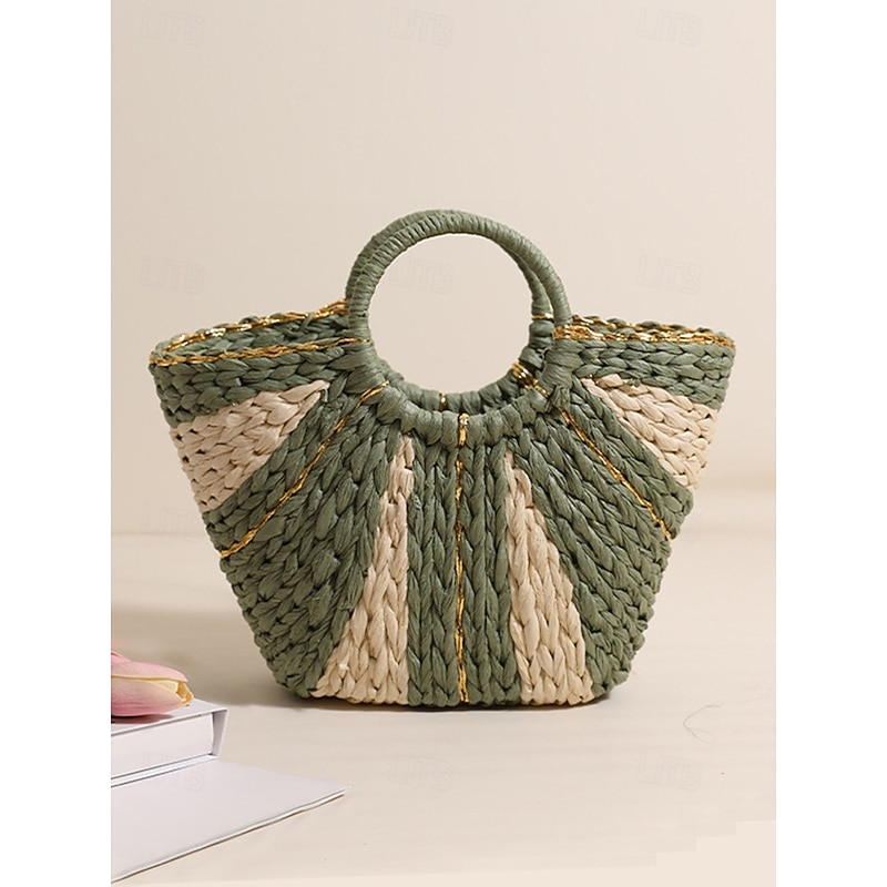 Women's Stylish Woven Straw Beach Bag with Circular Handles, Large Capacity, Eco-friendly Boho Design, Perfect for Summer, Vacations and Day Trips