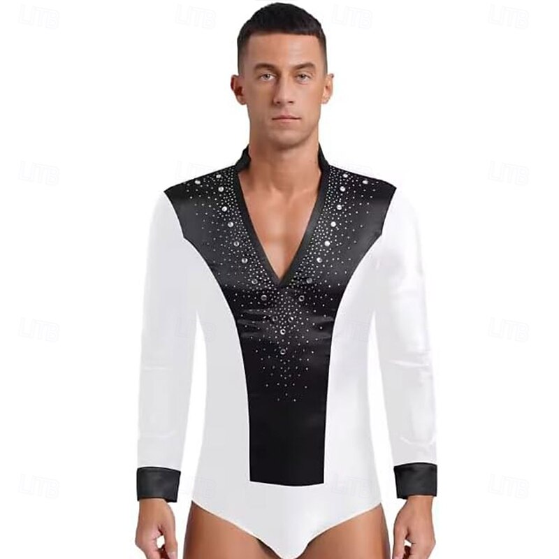 Mens Latin Dance Leotard Shirt Top Figure Skating Costume V Neck Long Sleeve Satin Bodysuit Ballroom Shirts2