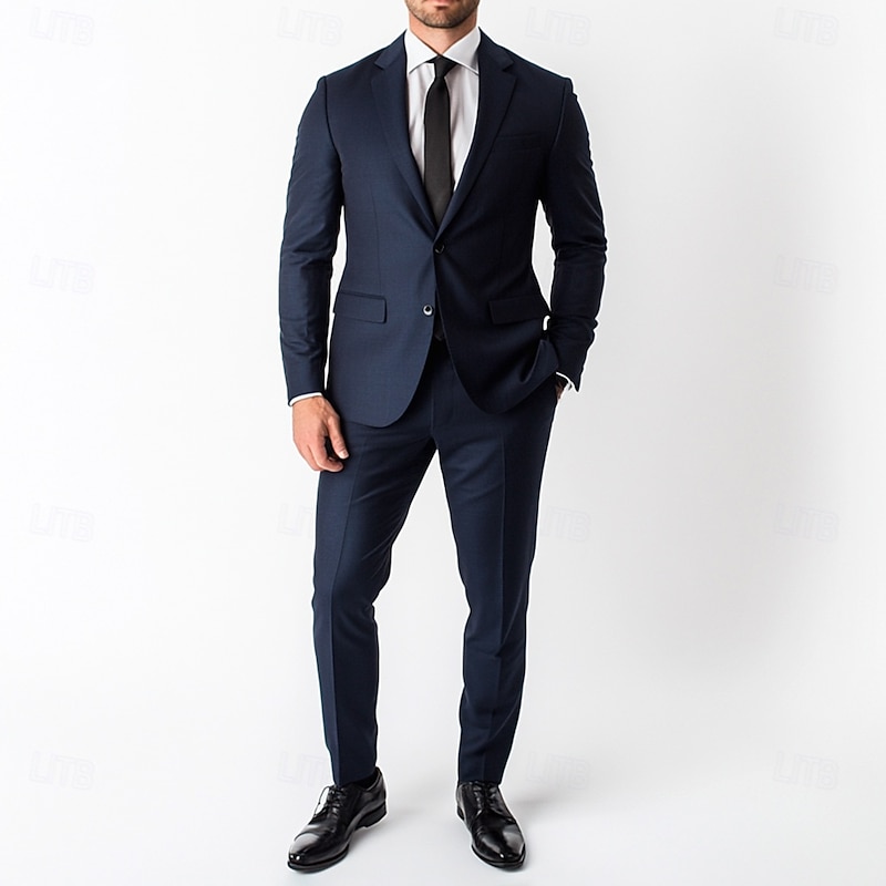 Men's Wedding Business Suits Notch Lapel Navy Blue Formal WorkWear Solid Colored Standard Fit 2 Piece Single Breasted Two-buttons