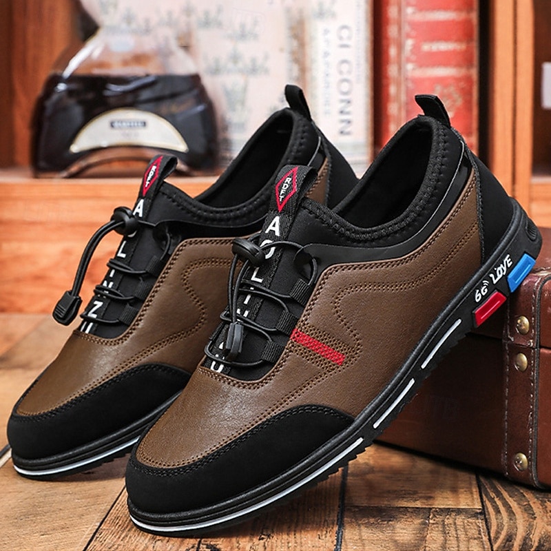 Men's Premium Brown and Black Faux Leather Lace-Up Sneakers with Colorful Branding for Casual and Sports Activities2