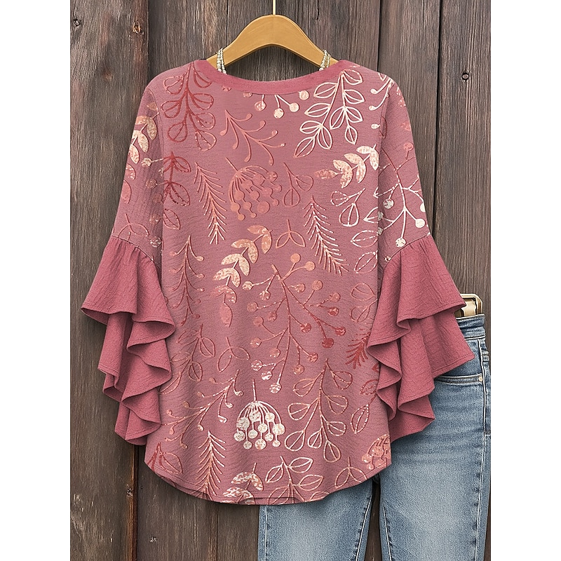 Women's Blouse V Neck Layered Ruffle Sleeve Tops Floral Graphic Leaf Vintage Daily Ethnic 3/4 Length Sleeve Regular Tops Daily Holiday Vacation Wear Print Yellow Pink Blue Purple Green Summer Spring2