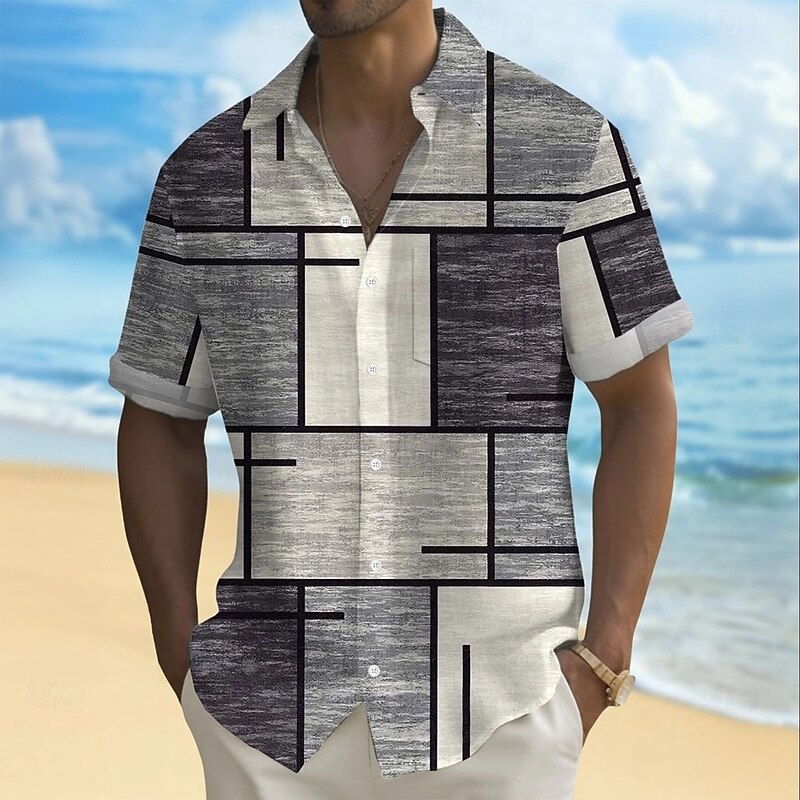 Men's Geometric Color Block Patchwork Shirt Summer Shirt Button Up Shirt Short Sleeve Fashion Casual Vacation Holiday Streetwear Summer Turndown 3D Print Front One Pocket Linen Like Shirt Blue Green3