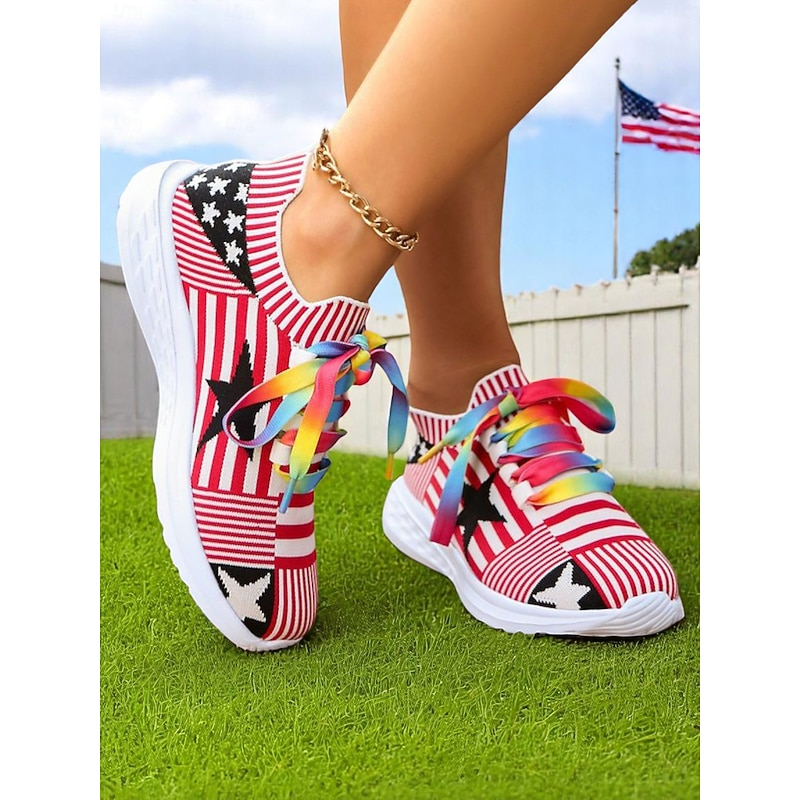Women's Fourth of July Flyknit Sneakers with Colorful Rainbow Laces – Breathable Stars and Stripes Running Shoes for Independence Day and Everyday Sport Style3
