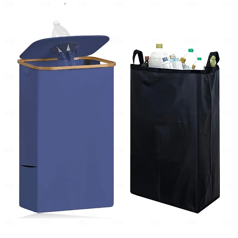 Recycling Bin for Kitchen Indoor Home, 100L/26.5 Gallon Foldable Trash Can with Bamboo Frame, Removable Inner Bags, Oxford Fabric, Round Top Opening, Waste Sorter for Closet Hotel Use