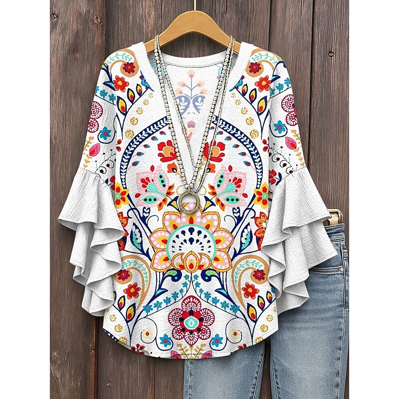 Women's Blouse V Neck Layered Ruffle Sleeve Tops Floral Graphic Bohemia Vintage Daily 3/4 Length Sleeve Regular Tops Daily Holiday Vacation Wear Print White Blue Dusty Blue Orange Summer Spring Fall4