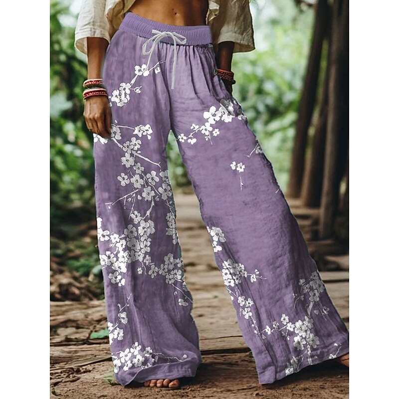 Women's Wide Leg Chinos Baggy Pants Vacation Vintage Fashion Full Length High Waist Floral Graphic Printing Soft Breathable Micro-elastic Formal Vacation Street Purple Green Gray Summer Spring Loose2