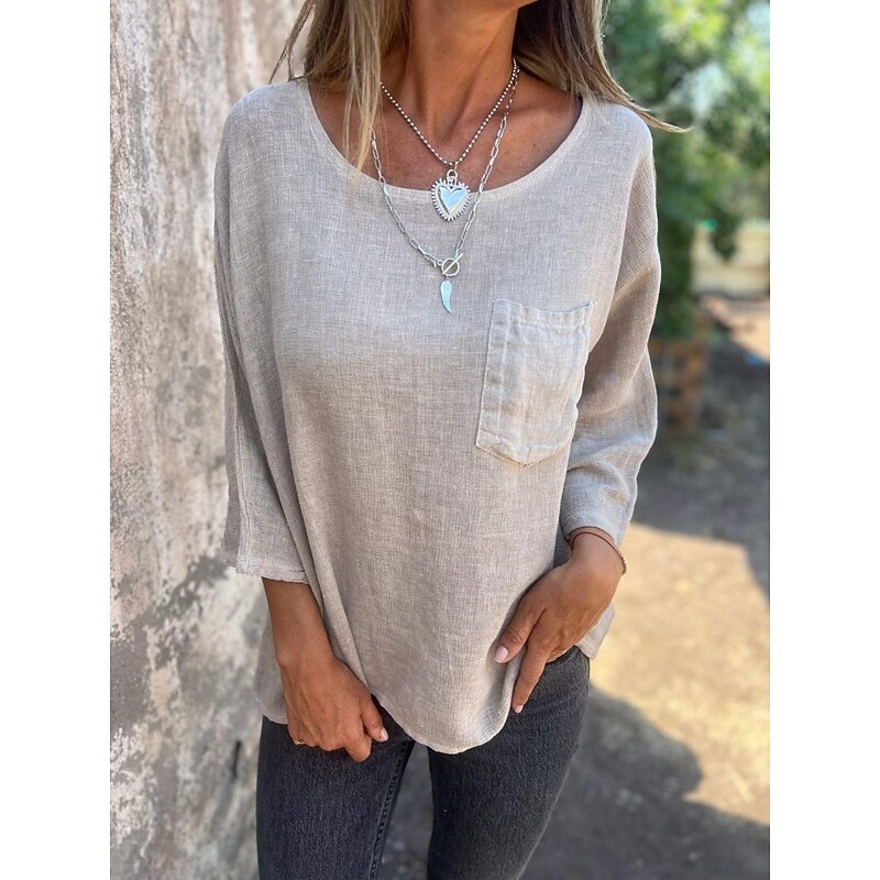 Women's T Shirt Plain Basic Modern 3/4 Length Sleeve Crew Neck Regular Tops Daily Pocket Light Green Khaki Beige Gray Summer