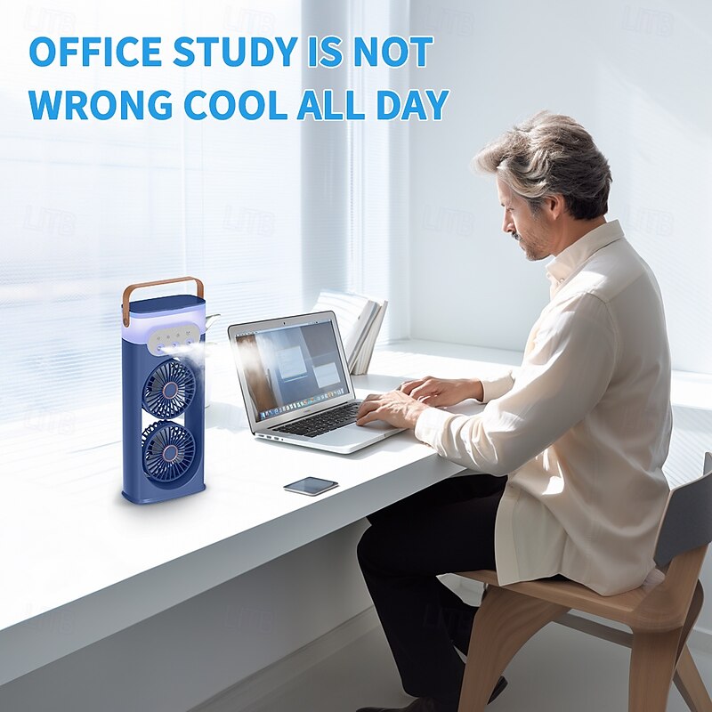 Portable Dual Head Mist Fan with Humidifier, USB Rechargeable Cooling Fan with 3 Speeds and LED Light for Home Office Travel4