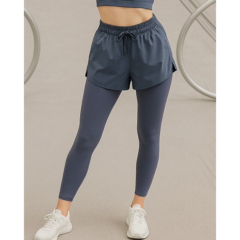 Women's Yoga Pants Yoga Leggings Drawstring Pocket 2 in 1 Pilates Fitness Yoga Pants Solid Color Black Pink Purple Spandex Sports Activewear Micro-elastic2