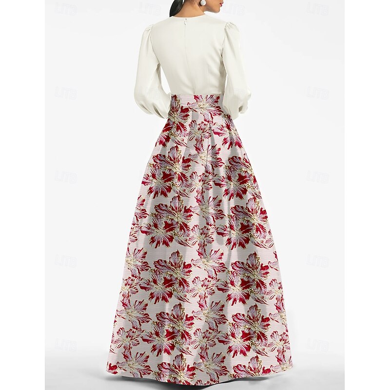 A-Line Evening Gown Elegant Dress Formal Wedding Floor Length Long Sleeve V Neck Pocket Nylon with Floral Print Pocket Race Day Dress Wedding Guest Dress2