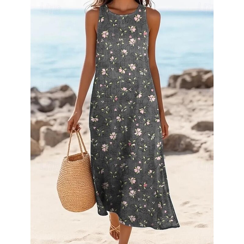 Women's Maxi Dress A Line Dress Off The Shoulder Dress Vacation Casual Boho Going out Standard Fit Floral Graphic Paisley Sleeveless U Neck Brown Dark Gray Summer Spring2