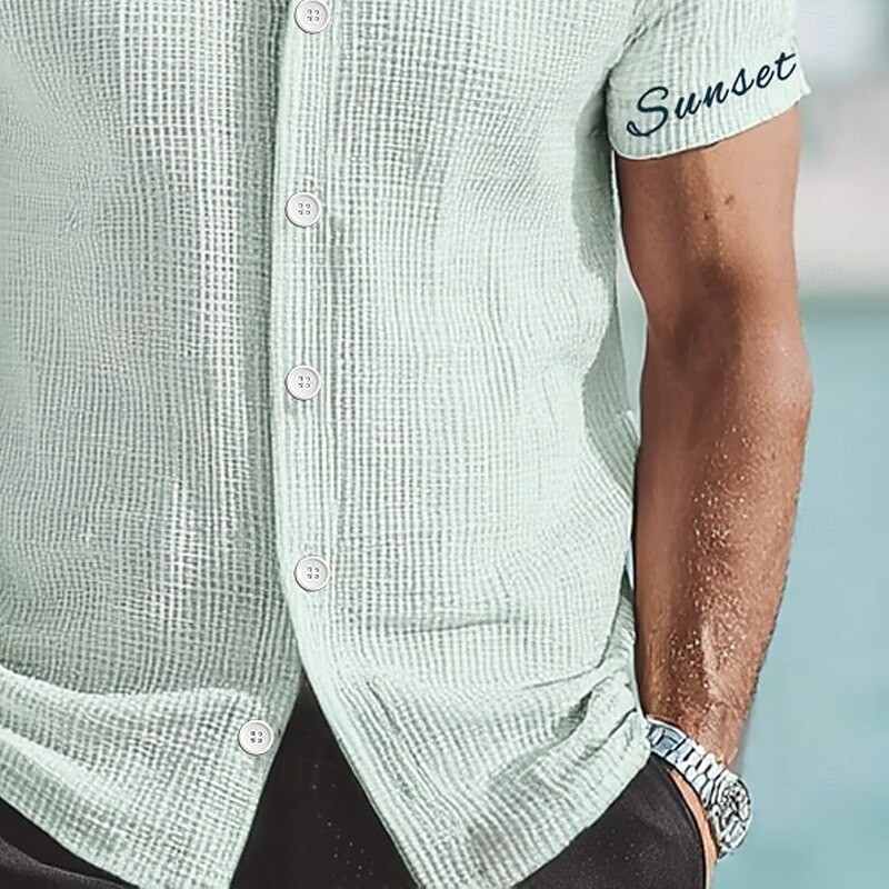 Men's Letter Printed Waffle Shirt Button Down Shirt Short Sleeves Fashion Casual Vacation Daily Beach Wear Summer Turndown 3D Print Knit Shirt Untucked Shirt Pink Blue Green3