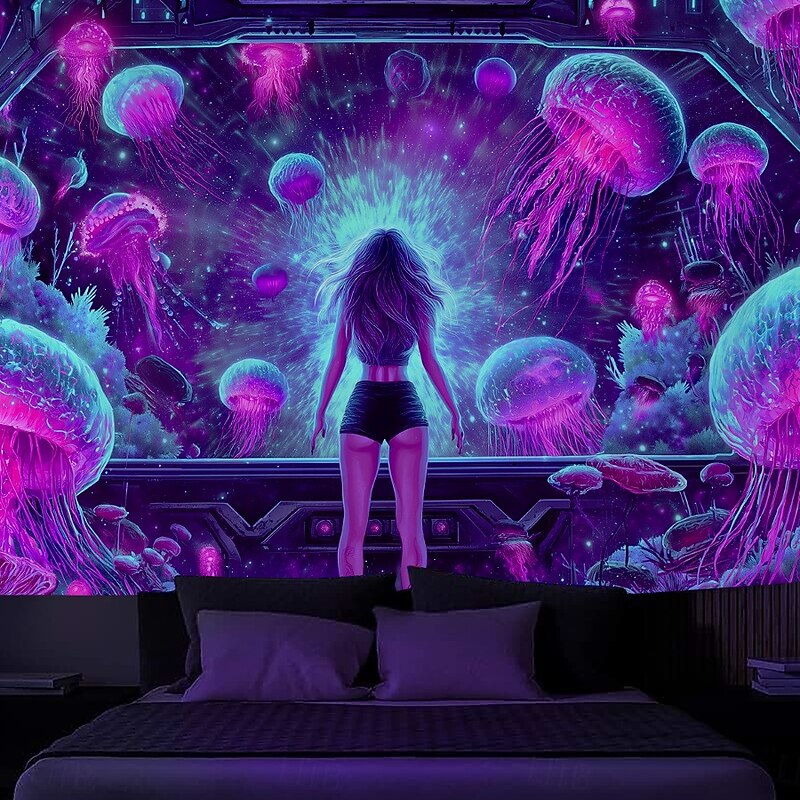 Blacklight Tapestry Glow in the Dark Glow Party UV Reactive Trippy Mountain Misty Mushroom Nature Landscape Hanging Tapestry Wall Art Mural for Living Room Bedroom