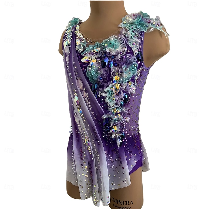 Rhythmic Gymnastics Leotard Women's Girls' Ice Skating Gymnastics Leotard Yellow Thumbhole Halo Dyeing High Elasticity Professional Competition Skating Wear Crystal / Rhinestone Sleeveless Ice Skating