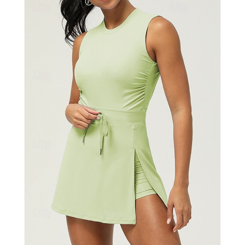 Women's Solid Colored Tennis Dress Sleeveless Drawstring Backless Split Breathable Tennis Pickleball Round Neck Dress Dark Navy Blue Green Tennis Clothing4