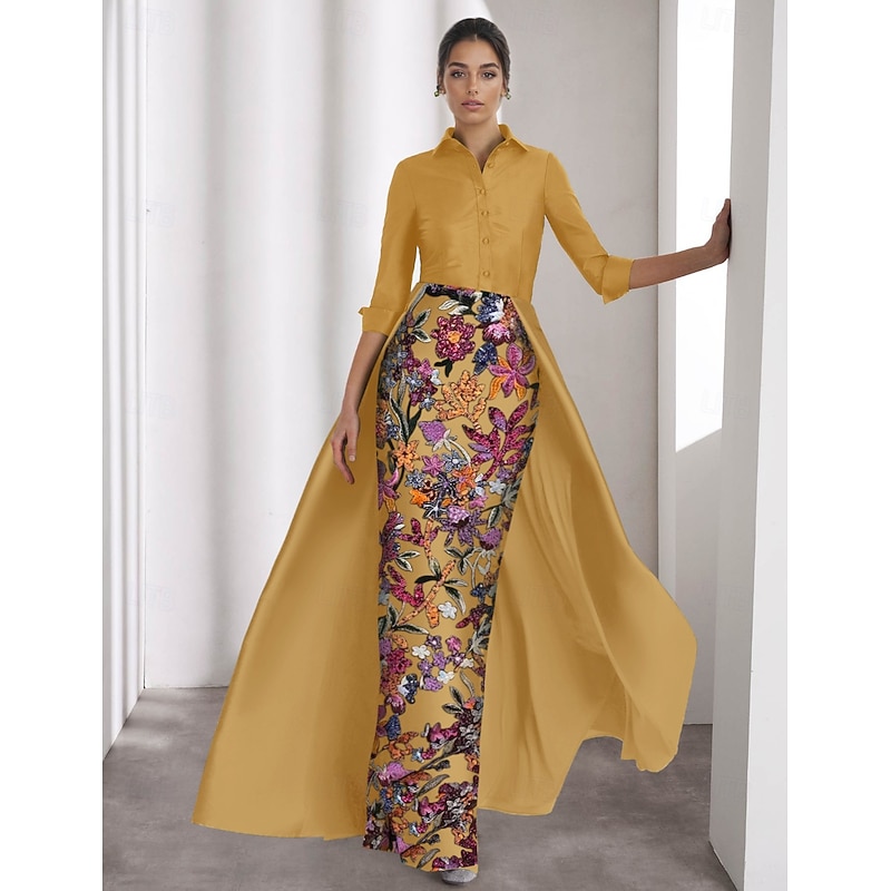 Black Tie Mother of the Bride A-Line Evening Gown Elegant Dress Formal Wedding Guest Floor Length Long Sleeve Shirt Collar Satin with Slit Embroidery Appliques