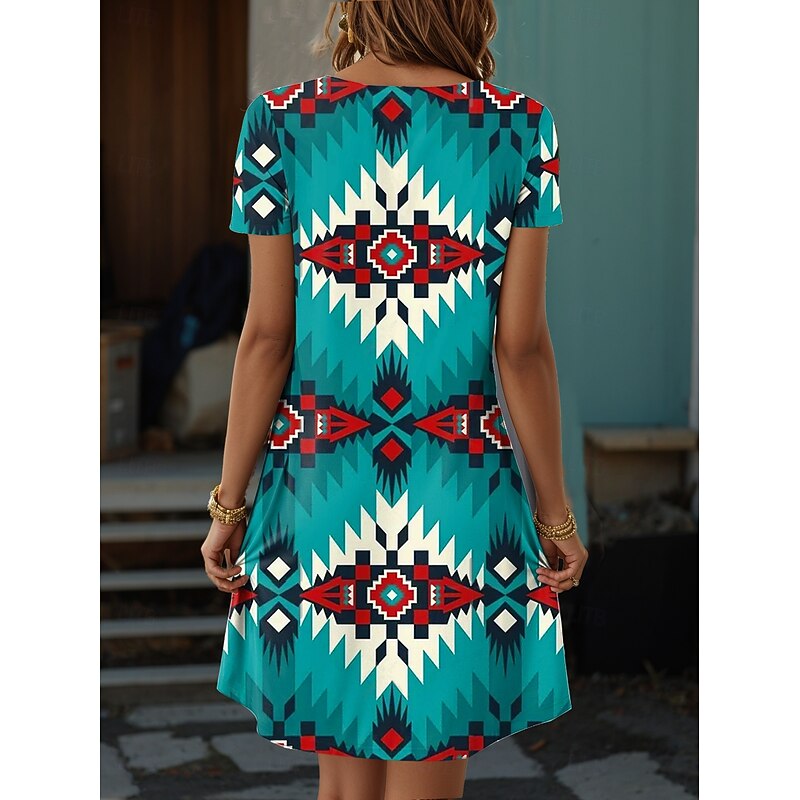 Women's Boho Dress Western Dress Vintage Mini Dress T Shirt Dress Tee Dress Summer Dress Vacation Casual Beach Going out Regular Fit Graphic Tribal Short Sleeve V Neck Red Blue Purple Green Summer2