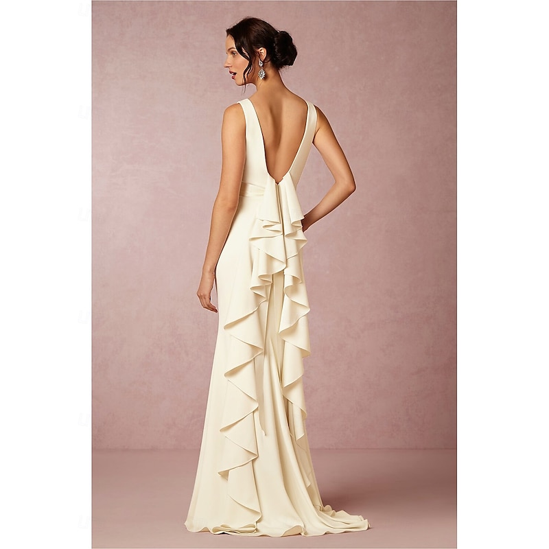 Beach Wedding Hall Open Back Casual Wedding Dresses Sheath Scoop Neck Sleeveless Sweep / Brush Train Stretch Fabric Bridal Gowns With Draping2