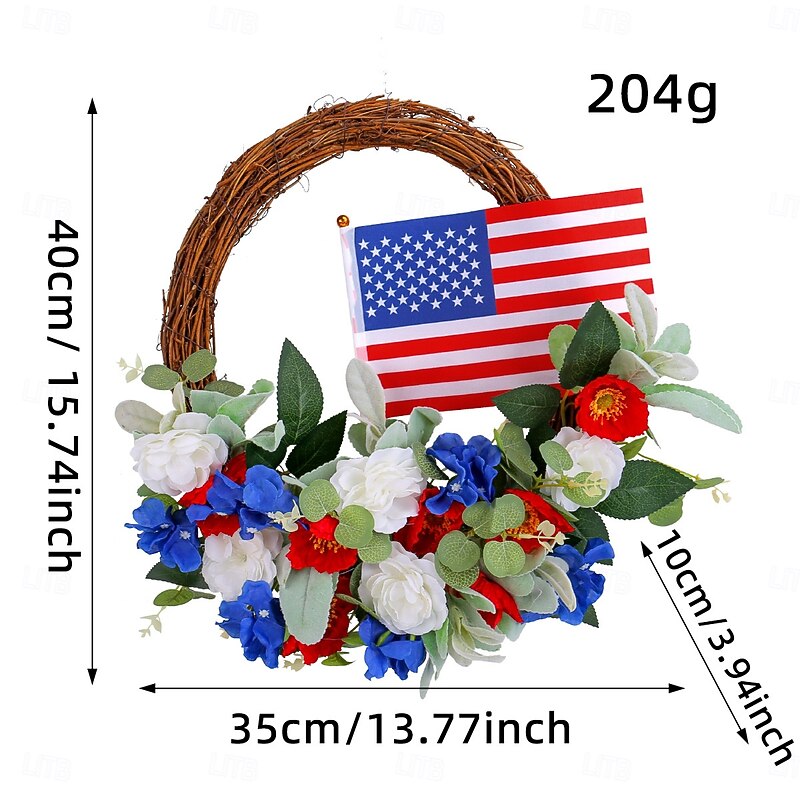 Patriotic Wreath for Front Door 4th of July Independence Day Red White and Blue Decoration, American Flag Star Striped Grapevine Ring, Rustic Hanging Prop for Yard Porch or Party Decor4