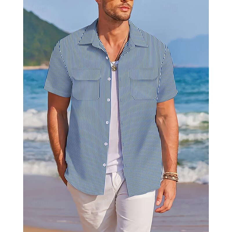 Men's Shirt Summer Shirt Casual Shirt Beach Shirt Button Up Shirt Pink Wine Blue Green Deep Blue Short Sleeve Stripes Lapel Vacation Hawaiian Front Pocket Clothing Apparel Cotton Blend Fashion Casual