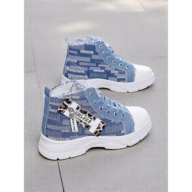 Women's Denim High Top Platform Sneakers with Leopard Detail – Casual Street Style Lace-Up Shoes for Teens & Young Adults3