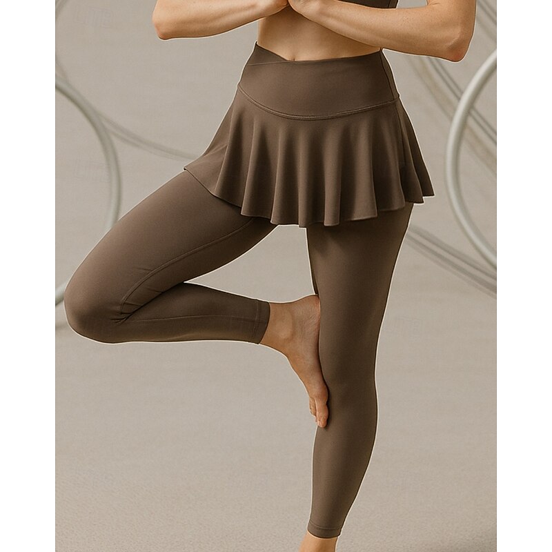 Women's Yoga Pants Yoga Leggings Pleated 2 in 1 Pilates Fitness Yoga Pants Solid Color Black Brown Sports Activewear Micro-elastic