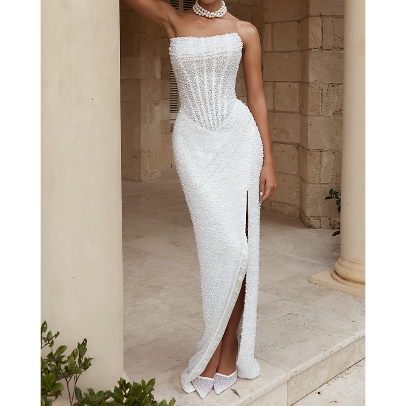 Beach Wedding Drop Waist Dress Corset Dress Glitter & Sparkle Pearls Bustier Wedding Dresses Mermaid / Trumpet Off Shoulder Sleeveless Floor Length Bridal Gowns With Ruched Details and Slit2