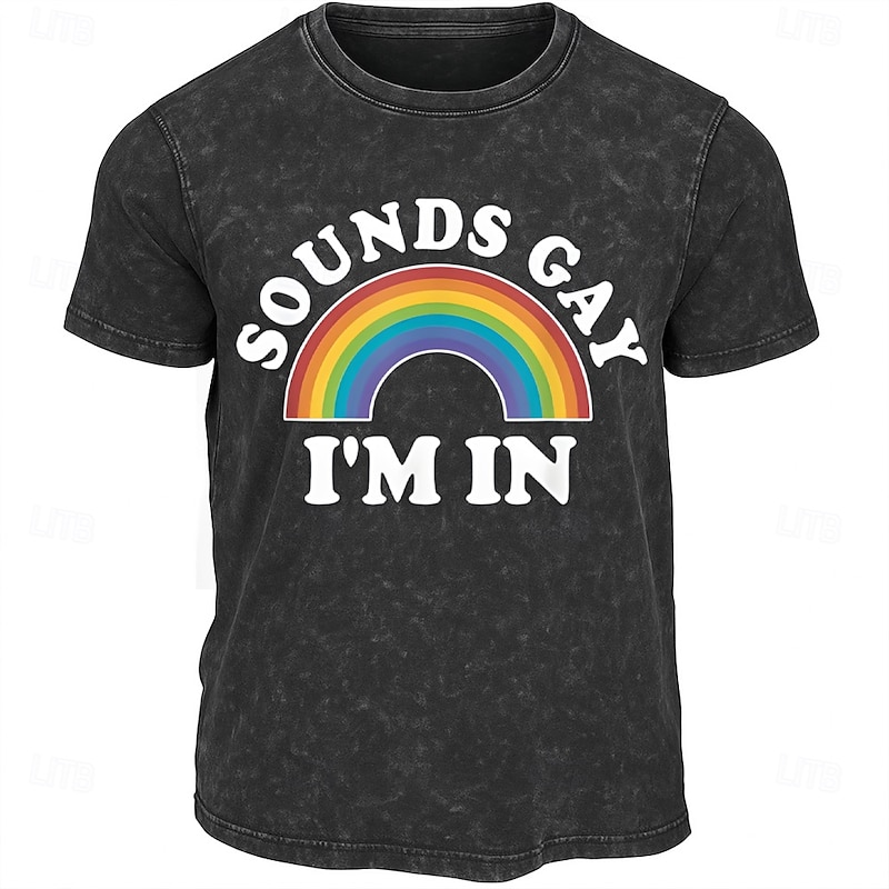 Pride Month Men's Rainbow T shirt Tee Washed Shirt 100% Cotton Short Sleeve Graphic Shirt Black Comfortable Tee Street Daily Fashion Designer Clothing