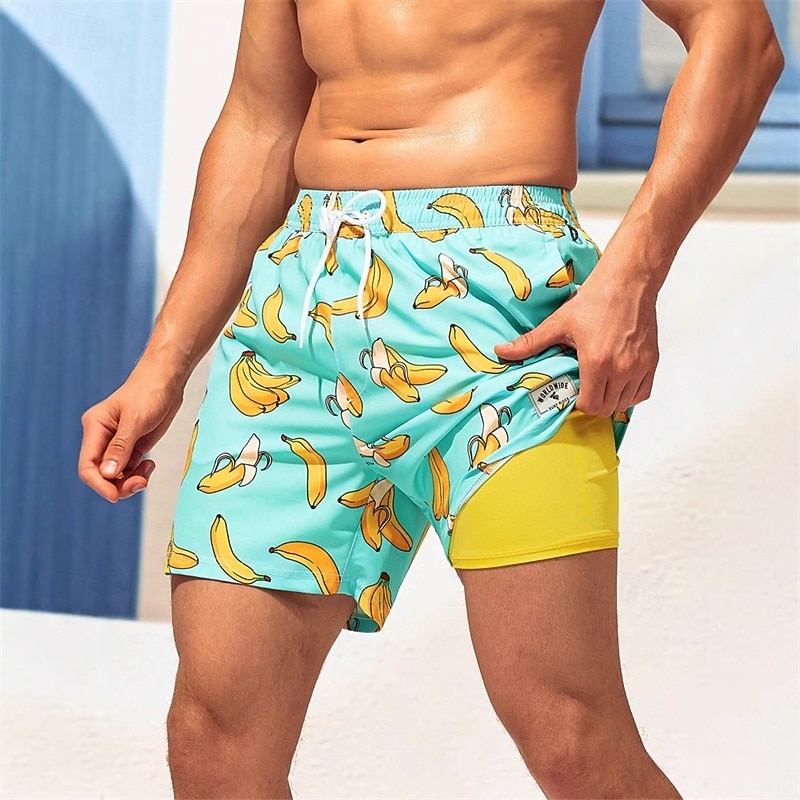 Men's Swim Shorts Board Shorts Swim Trunks Print Quick dry Breathable Drawstring Elastic Waist With Compression Liner Vacation Beach Hawaiian Casual Light Green Navy Blue