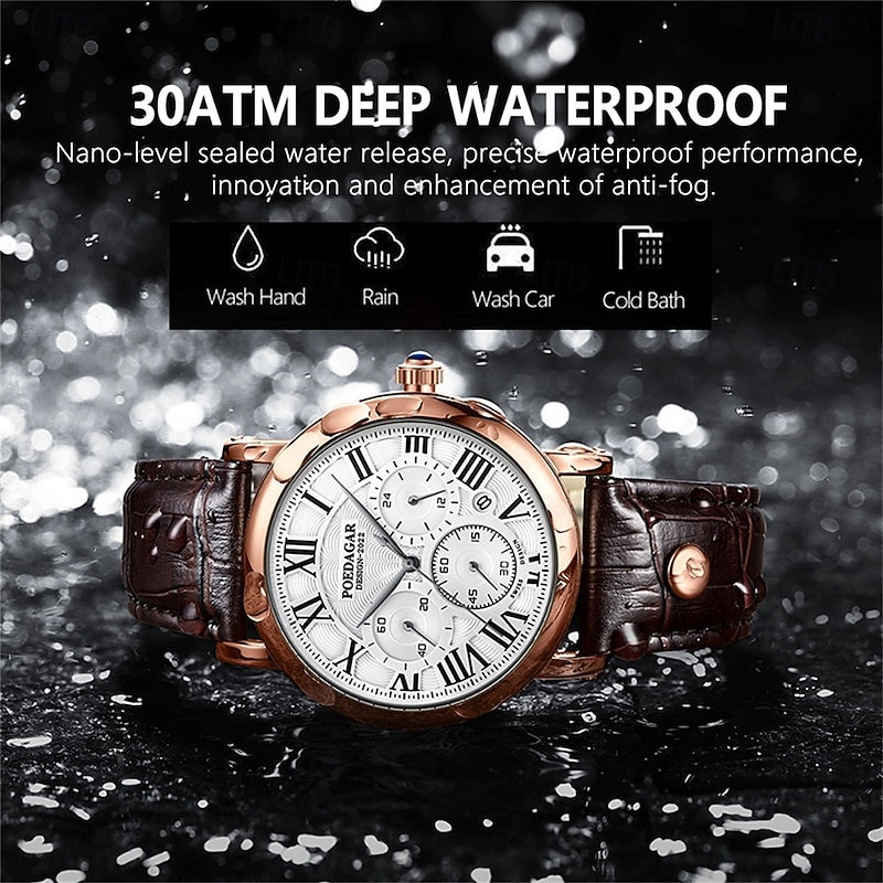 Men's Classic Quartz Watch – Chronograph Style, Waterproof Leather Strap, Business Casual Analog Wristwatch2