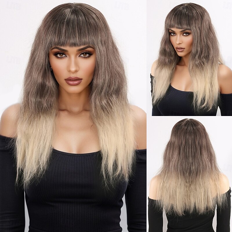 Synthetic Wig kinky Straight Natural Straight Layered Haircut With Bangs Machine Made Wig 20 inch A1 Synthetic Hair Women's Classic Comfortable Color Gradient Blonde