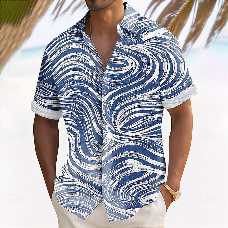 Men's Geometric Lines / Waves Shirt Summer Shirt Button Up Shirt Short Sleeve Fashion Casual Outdoor Vacation Dailywear Summer Spring Turndown 3D Print Collared Shirts Blue