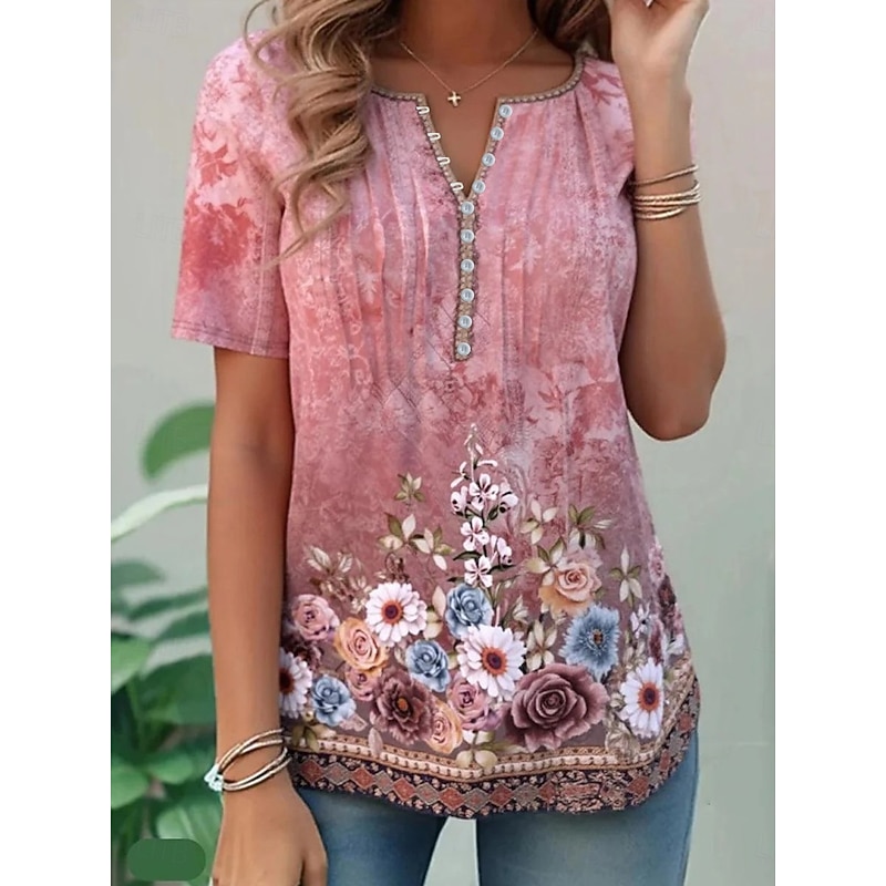 Women's Cotton Shirt Floral Graphic Plants Basic Short Sleeve Round Neck Regular Tops Daily Weekend Beach Wear Buttons Print Pink Green Summer Spring