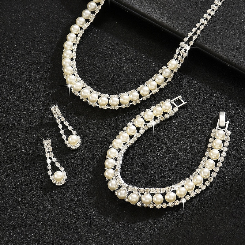 Bridal Jewelry Sets Three-piece Suit Pearl 1 Necklace 1 Bracelet Earrings Women's Elegant Fashion Sweet Lovely Classic Love Precious Oval Jewelry Set For Wedding Valentine's Day Birthday3
