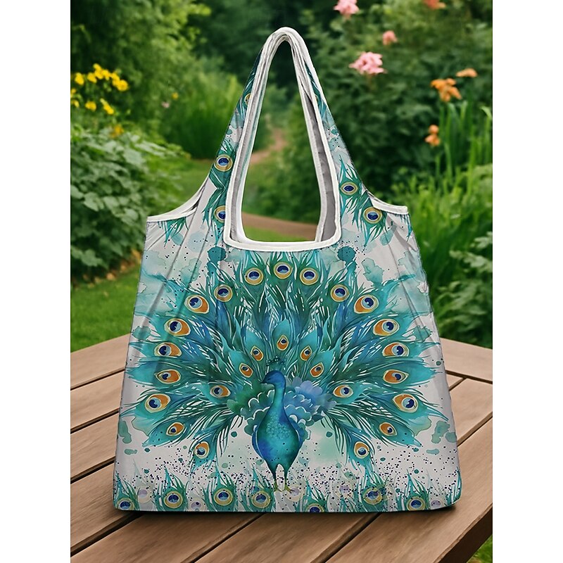 Women's Peacock Print Folding Tote Bag - Large Capacity Reusable Shopping Bag with Elegant Watercolor Design, Lightweight and Stylish, Great for Daily Use, Travel and Eco-friendly Shopping