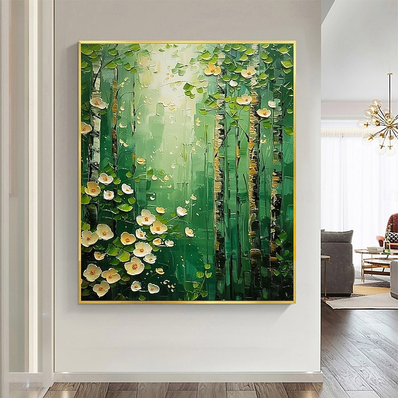 Handmade Original Green Forest Oil Painting On Canvas Abstract Tree Scenery Wall Art for Home Decor With Stretched Frame Without Inner Frame Painting