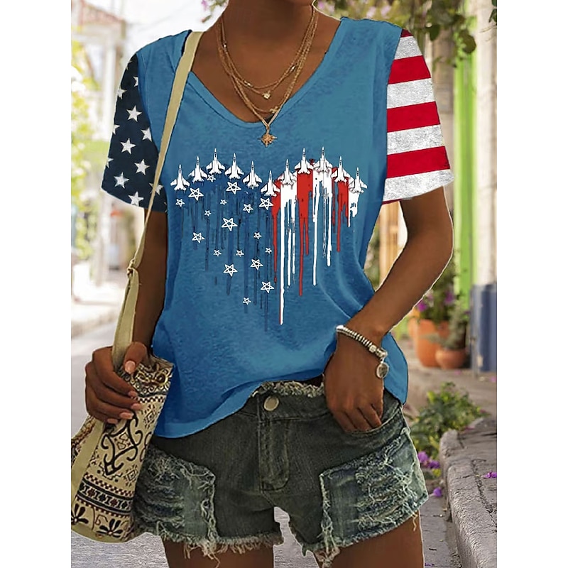Women's Patriotic  T Shirt Graphic American Flag Vintage Stylish Classic Short Sleeve V Neck Regular Tops Daily Weekend Print Black White Red Blue Summer3