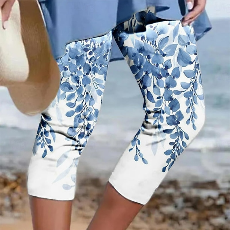 Women's Capri Pants Leggings Vacation Vintage Fashion Capris High Waist Graphic Leaf Gradient Printing Soft Breathable Stretchy Outdoor Vacation Street Gray Green Violet Light Blue Coffee Summer