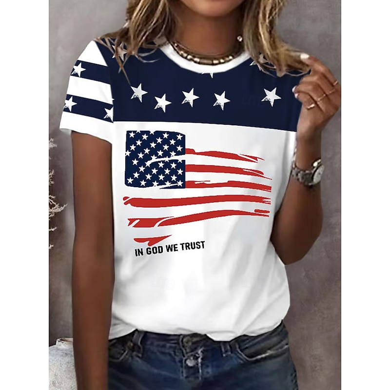 Women's Patriotic  T Shirt Graphic Flag Vintage Stylish Classic Short Sleeve Crew Neck Regular Tops Daily Weekend Print Black Red Blue Summer