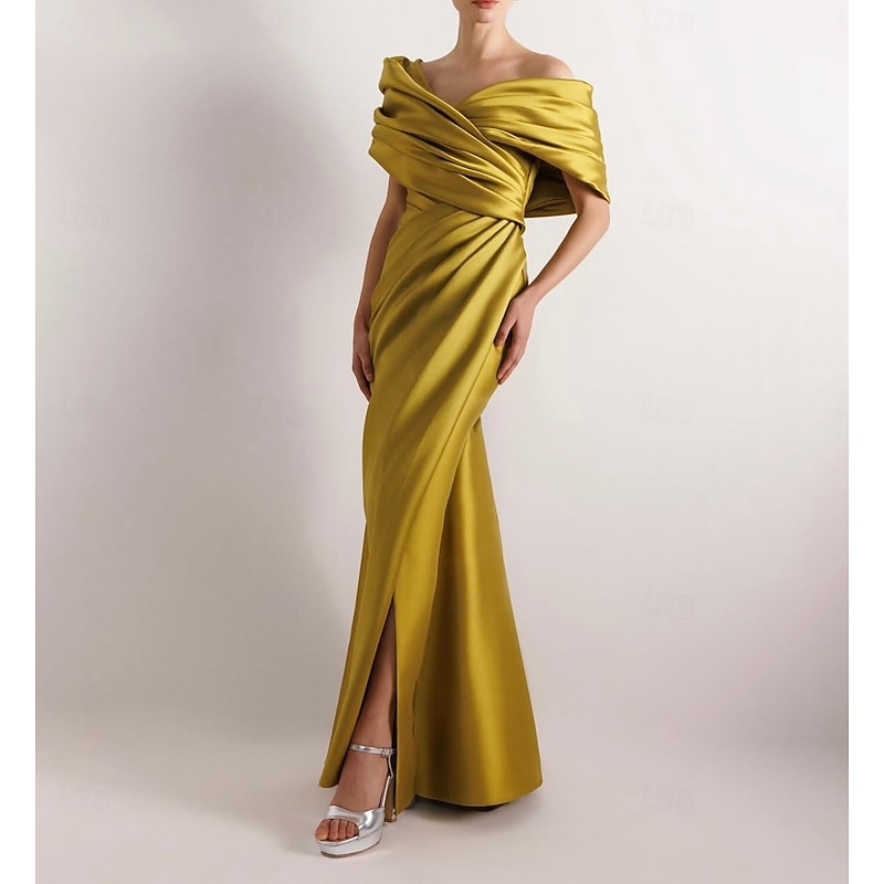 Dress High Fashion Mustard Dress Mermaid / Trumpet Portrait Collar Evening Gown Cocktail Dress Formal Wedding Floor Length Sleeveless Off Shoulder Satin with Ruched Details Slit