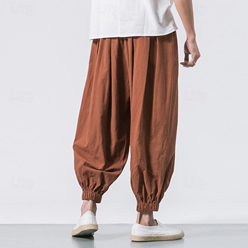 Men's Joggers Linen Pants Trousers Summer Pants Beach Pants Drawstring Elastic Waist Drop Crotch Plain Daily Gym Streetwear Casual Hip-Hop Loose Fit Black White4