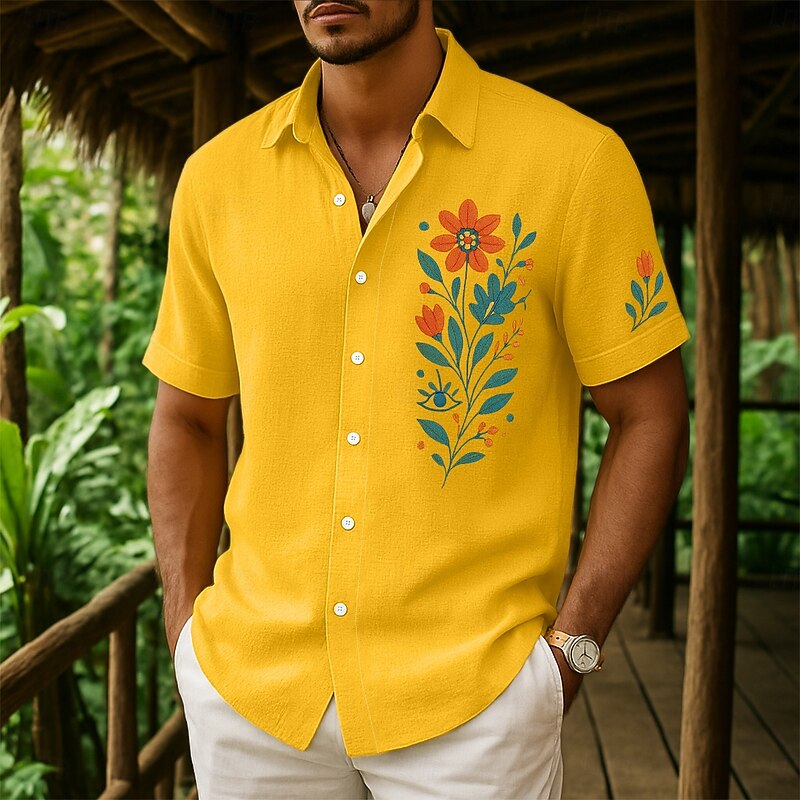 Men's Shirt Linen Shirt Summer Shirt Beach Wear Button Up Shirt Floral Vacation Curise Yellow Pink Navy Blue Green Short Sleeve Collar Summer Spring & Summer Clothing Apparel